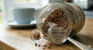 A heaped teaspoon of dark roast premium instant coffee granules being held over a cup to show the quality of the blend.
