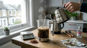 A professional display of premium roasted coffee beans being inspected at a London-based coffee roastery.
