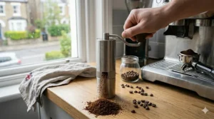 A selection of medium and dark roasted coffee beans, suitable for lattes, are displayed in separate artisanal stoneware bowls on a wooden surface.