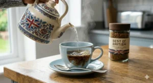 An airtight glass jar of premium instant coffee displayed on a modern grey kitchen worktop alongside a bowl of biscuits.