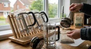 An illustration of a hand carefully cleaning used coffee grounds from a cafetière plunger into a designated mesh bag, highlighting the responsible disposal methods consistent with sustainable coffee consumption in the UK.