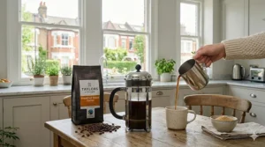 Close-up of roasted breakfast blend coffee beans on a wooden table next to a silver cafetiere and a bag of coffee.