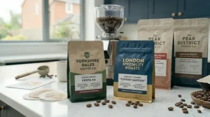 A graphic comparing single-origin Ethiopian coffee beans with a house espresso blend to explain body and acidity levels in an AeroPress.