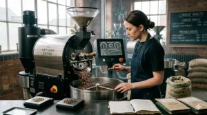 An artisan coffee roaster in a UK workshop monitoring a small batch of specialty beans.