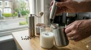 A classic aluminium stovetop moka pot sits on a lit gas hob burner with its lid open, showing rich espresso bubbling up to form the base of a home latte.