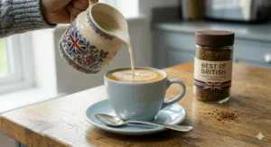 A close-up of a silver teaspoon stirring golden coffee granules into hot water in a classic white mug.