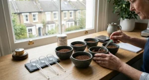 Graphic demonstrating how to store espresso blend beans in a cool, dark cupboard to maintain freshness.