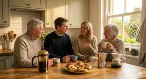 A British family gathered around a wooden kitchen table enjoying fresh coffee and pastries, featuring a golden cafetiere, an配送 moka pot, and a ceramic pour-over cone.