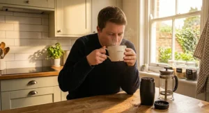 A man taking a sip from a ceramic coffee mug in a modern, light olive green British kitchen during sunrise, with an electric grinder and an ornate brass cafetiere on the wooden worktop.