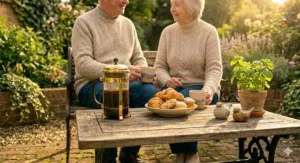 A close-up focus on a weathered wooden garden table holding a gold-trimmed cafetiere, a bowl of pastries, and a potted basil plant, with a senior couple relaxing in the background.