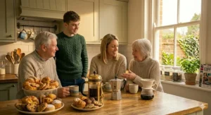 An older couple chatting with a young man and woman in a classic country-style kitchen, featuring an array of coffee-making equipment and a plate of sweet treats.