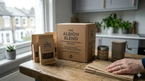 Sustainable and eco-friendly Kraft box packaging for The Albion Blend coffee, printed with vegetable-based inks.