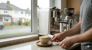 A recyclable paper bag of plastic-free decaf espresso beans sitting on a kitchen counter next to coffee plant leaves.