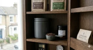 Illustration of plastic-free, compostable packaging for espresso blend beans delivered in the UK.