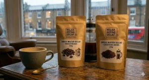Two kraft paper bags of premium Swiss water decaf coffee, one showcasing whole roasted beans and the other showing fine cafetiere grind.