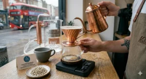A rich double shot of Swiss water decaf espresso extracting from a barista machine portafilter with thick, golden crema.