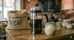 The packaging of artisan decaf coffee beans roasted in the UK, highlighting the freshness valve and origin label.