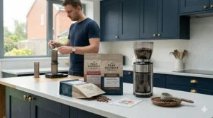 Three bags of craft coffee beans from independent UK speciality roasters sitting on a rustic wooden table.