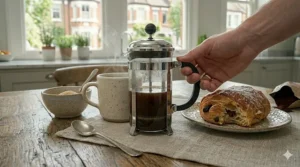 A hand pressing down the plunger of a cafetiere to filter breakfast blend coffee beans for serving.