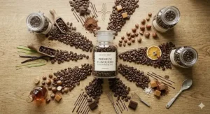 An elegant flat lay of assorted flavoured coffee beans arranged in a sunburst pattern on a wooden surface.