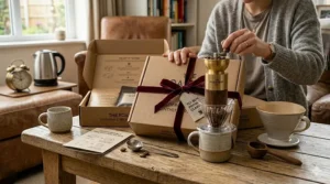A home barista using a pour-over method to brew specialty coffee from a subscription box.