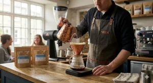 Barista performing a precise pour-over coffee technique for a morning brew.