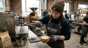 A barista pouring steamed milk to create intricate latte art on a flat white coffee at a local independent coffee roasters.