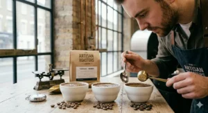 A professional barista performing a cupping session to test the flavour profile of artisan coffee.