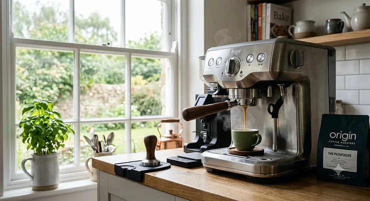 Stainless steel bottomless portafilter locked into a professional espresso machine. best bottomless portafilter