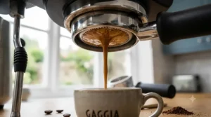 Bottomless or naked portafilter showing espresso extraction flow.