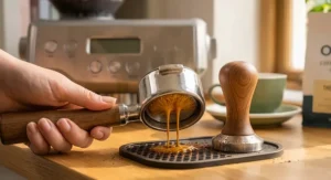 Side-by-side comparison of a naked and a standard double-spout portafilter.