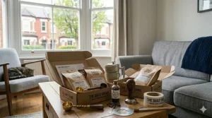 A person using a cafetière to brew fresh coffee from their weekly subscription service in a modern UK kitchen.