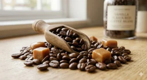 A wooden scoop overflowing with roasted caramel flavoured coffee beans, surrounded by small pieces of salted caramel.