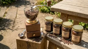 A professional manual coffee grinder beside four glass jars showing various coffee grind settings for home brewing.