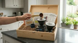 A hand using a measuring scoop to add fresh coffee beans to a brewer for a fortnightly subscription.