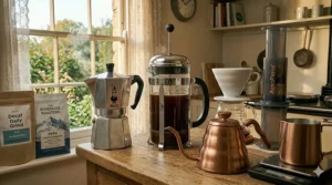 Assorted brewing equipment including a cafetiere and Aeropress for home coffee lovers.