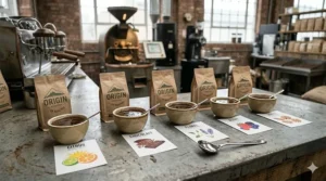 An illustration of a professional coffee cupping session to evaluate complex flavour profiles at a UK independent coffee roasters.