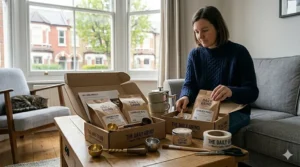 A parcel containing a weekly coffee subscription arriving at a doorstep, representing convenient home delivery.