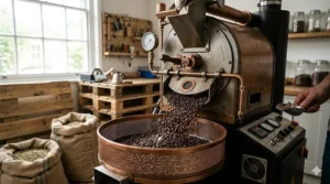 Artisanal coffee beans being roasted in a small-batch UK roastery.