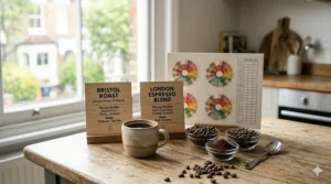 A wooden table set with different coffee flavour profile cards and a mug.