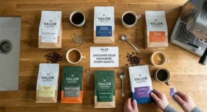 Alt text for image 4: A photorealistic comparison on a wooden counter showing the savings of a Valor Roasters subscription cup versus a generic high-street takeaway coffee and British coins.