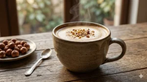 Cosy morning setting with a warm cup of hazelnut coffee
