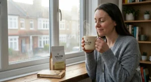 Alt text for image 6: A man comfortably sitting on a sofa in a UK home, wearing the grey jumper, using a tablet to easily sign up for a Valor Roasters value coffee subscription online.