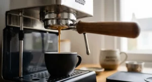 Ergonomic handle detail of the Gaggia bottomless portafilter.
