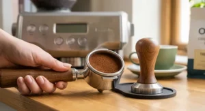 Uneven espresso extraction showing signs of channeling in a naked portafilter.