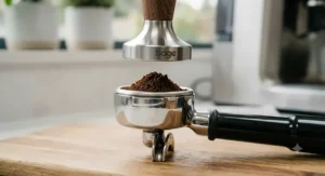 Close-up of the stainless steel filter basket inside the portafilter for Sage Barista Express.