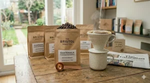 Freshly roasted coffee beans being packed for a UK subscription gift delivery.