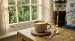 A cup of freshly brewed decaf espresso with a rich golden crema.