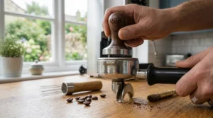 Professional Gaggia portafilter displayed with a coffee tamper.