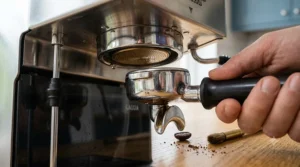 Attaching a portafilter to the brew group head of a Gaggia Classic machine.